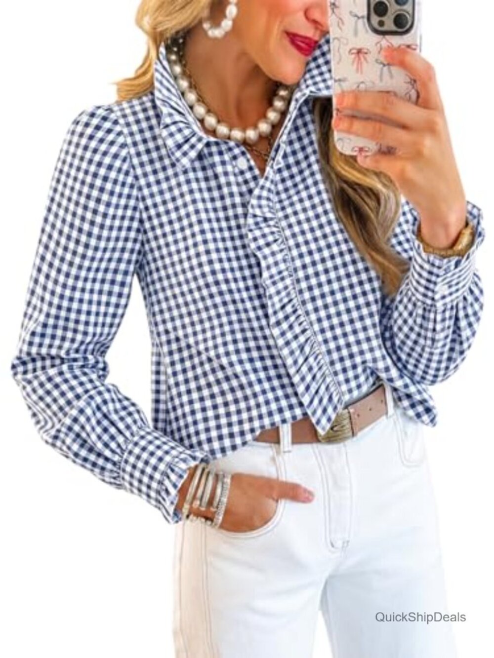 Womens Ruffle Collar Button Down Plaid Blouse Long Sleeve Work Top